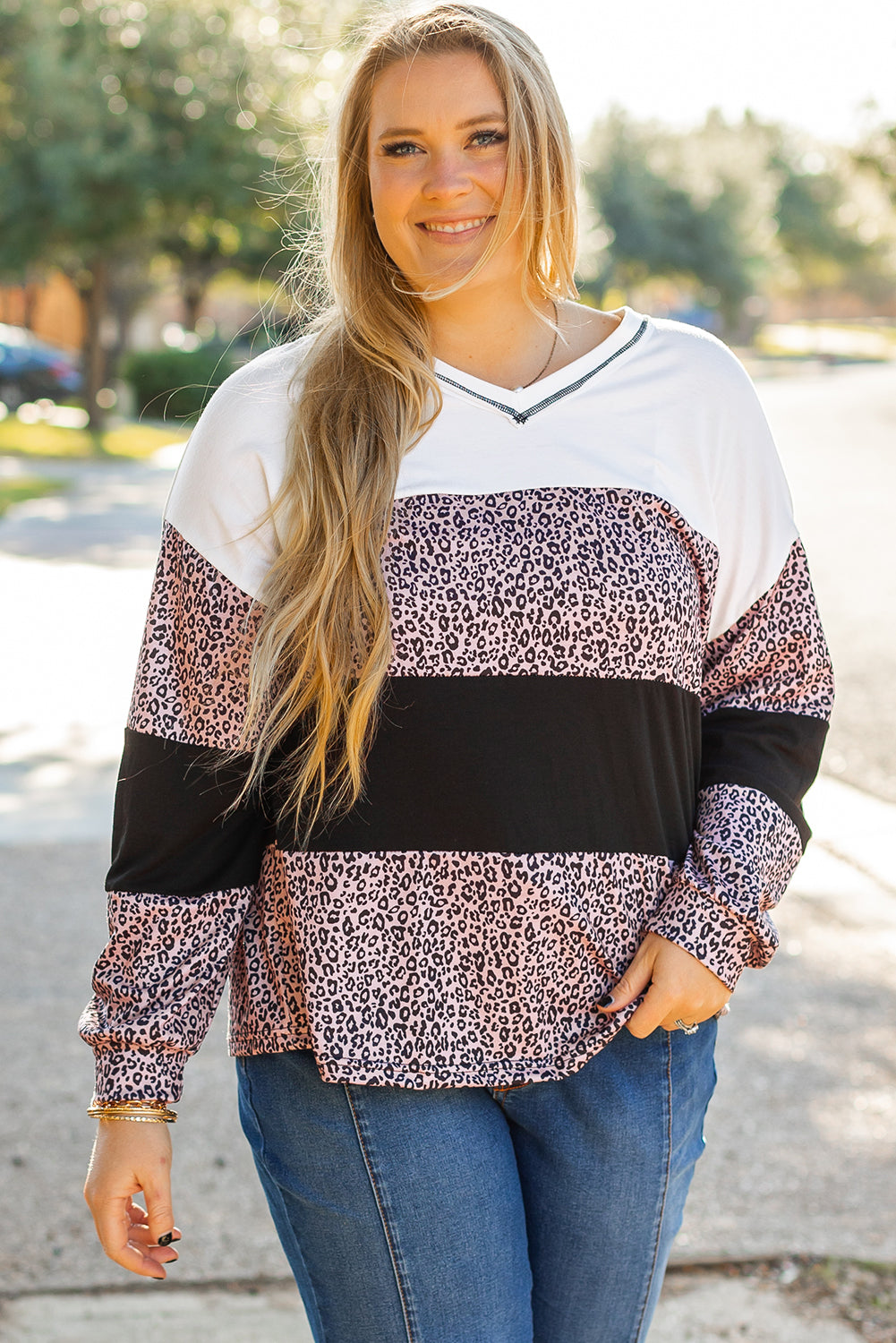 Black Leopard Print Colorblock V Neck Long Sleeve Plus Size Top