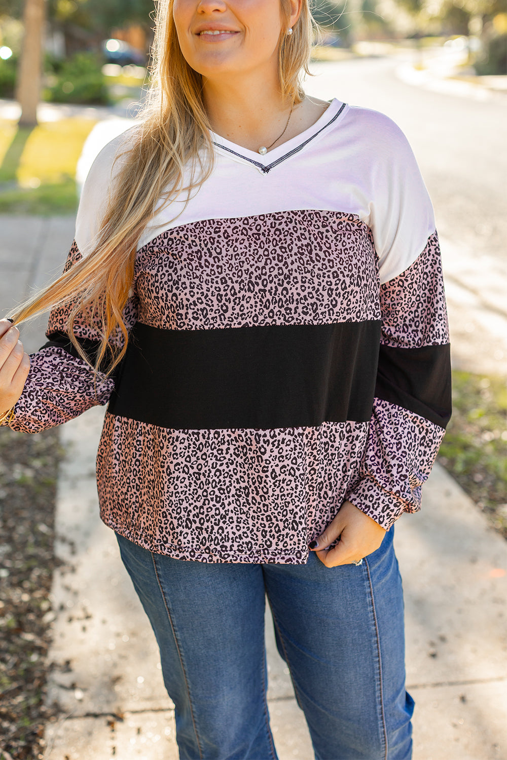 Black Leopard Print Colorblock V Neck Long Sleeve Plus Size Top