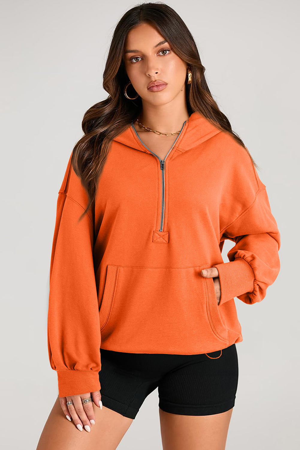 Orange Solid Kangaroo Pocket Half Zipper Oversized Hoodie