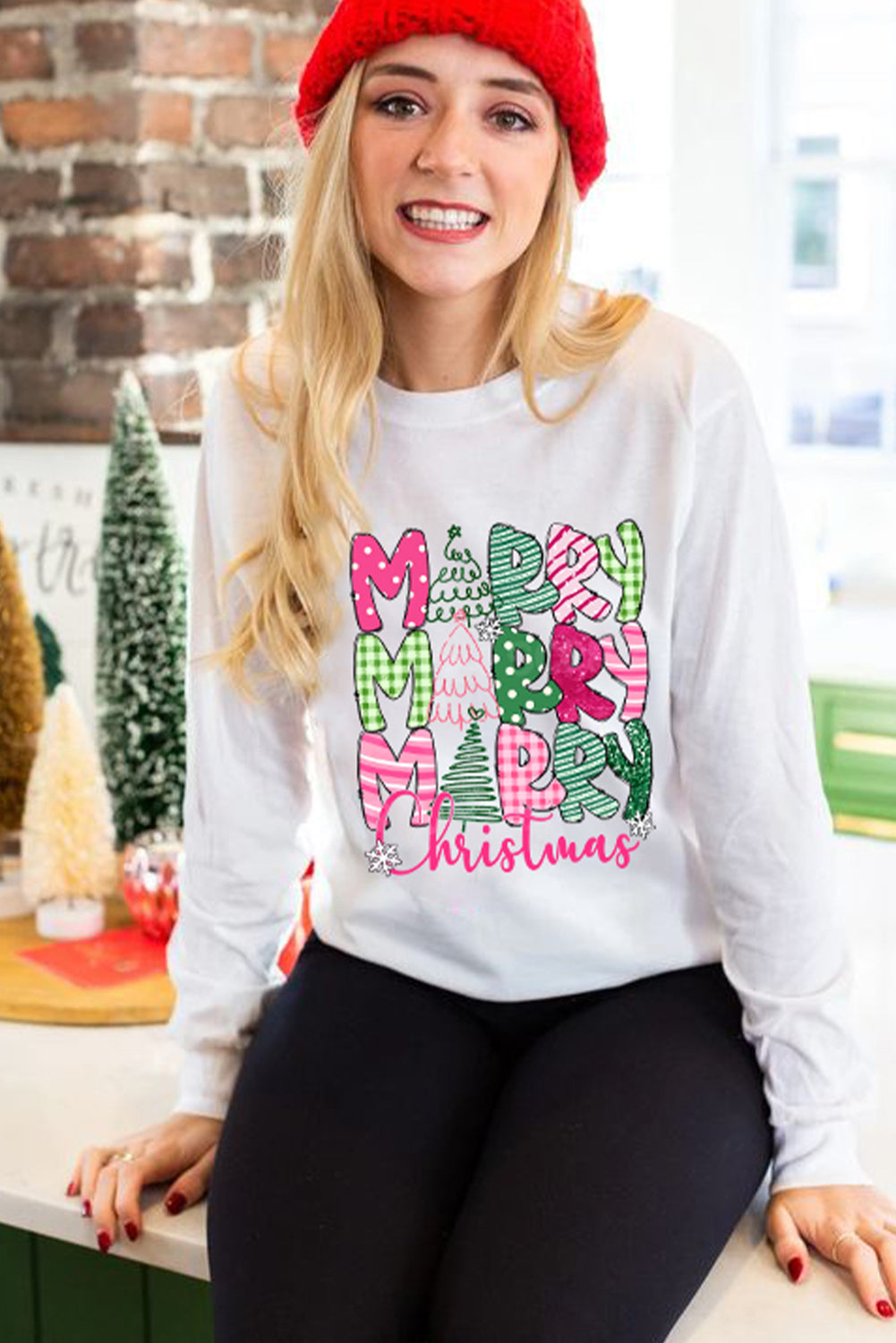 Beige MERRY Christmas Printed Drop Shoulder Pullover Sweatshirt