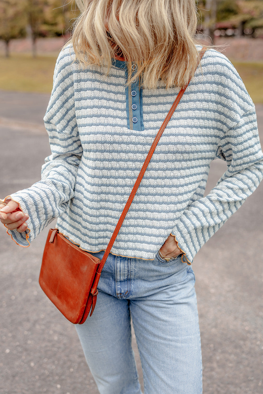 Sky Blue Stripe Textured Frilly Trim Buttons Henley Long Sleeve Top