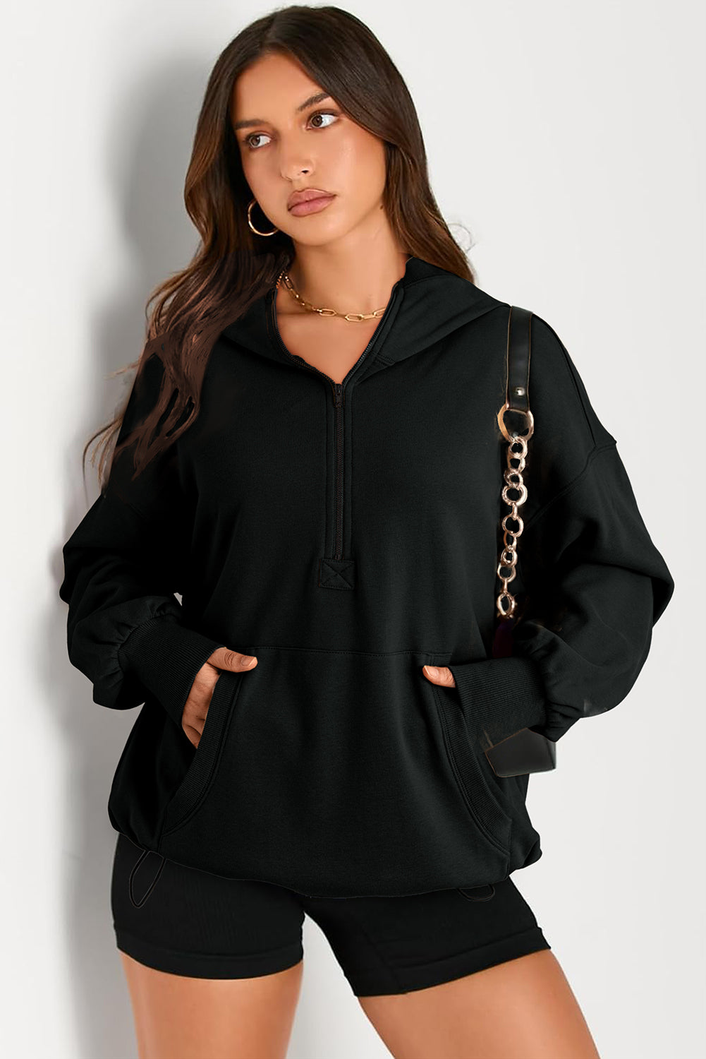 Black Solid Kangaroo Pocket Half Zipper Oversized Hoodie