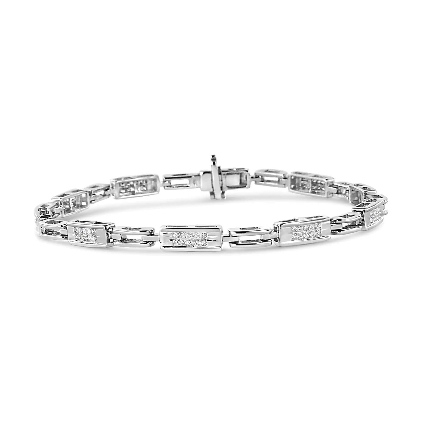 14K White Gold 1.0 Cttw Invisible Set Princess Cut Diamond Alternating Station and Link Tennis Bracelet (I-J Color, I1-I2 Clarity) - Size 7.25" Inches